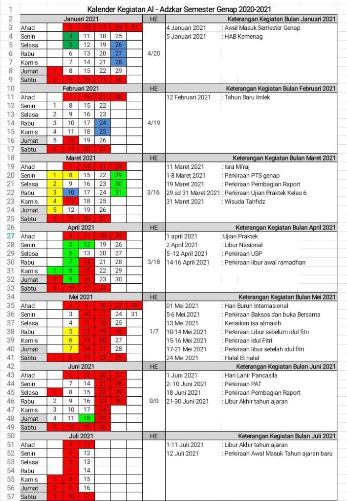 Kalender Akademik MI - Al-Adzkar Islamic Full Day School